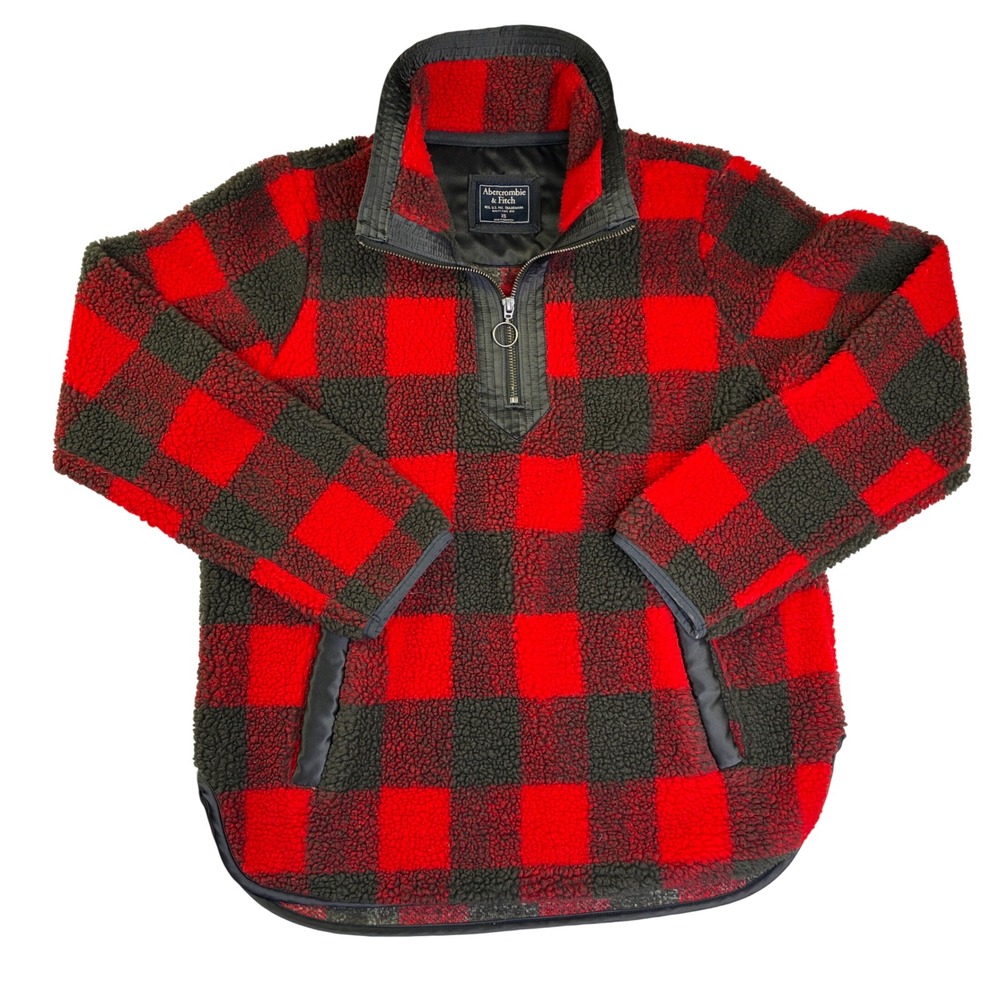 Abercrombie & Fitch Red Buffalo Plaid Sherpa Fleece Quarter Zip Pullover XS